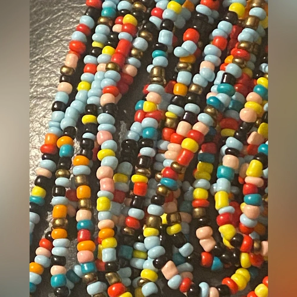 Beautiful Multicolored & Gold 20 Strand Seed Bead Statement Necklace 27”